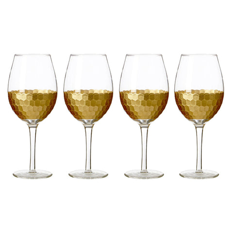 Set of four astrid large wine glasses in clear glass with gold honeycomb pattern on lower half perfect for wine glasses