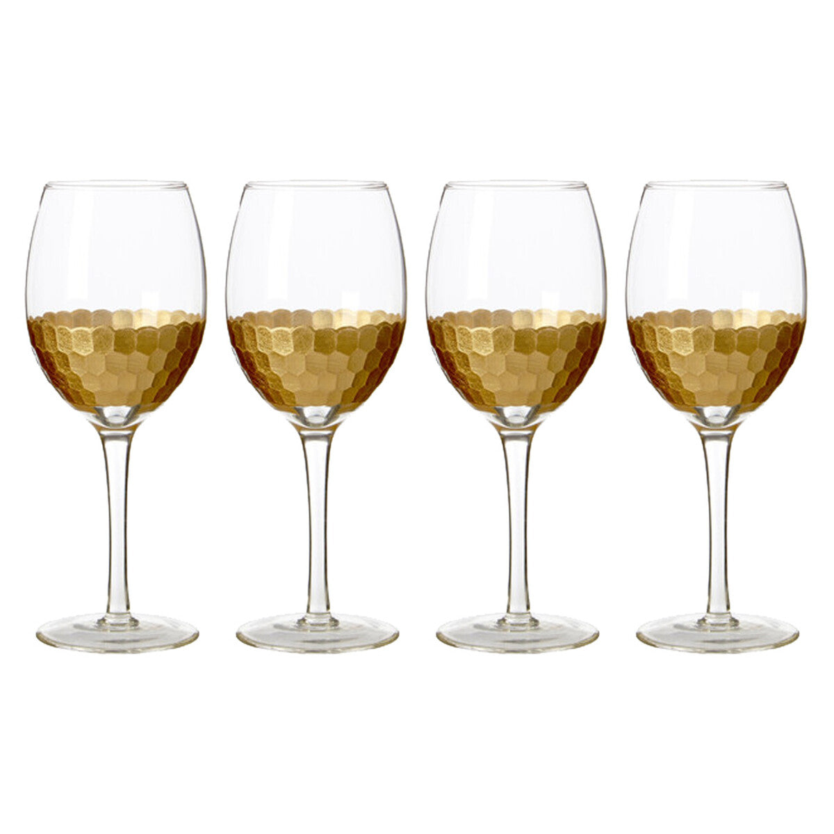 Set of four astrid small wine glasses with clear bowls and gold hammered hexagonal pattern on lower half