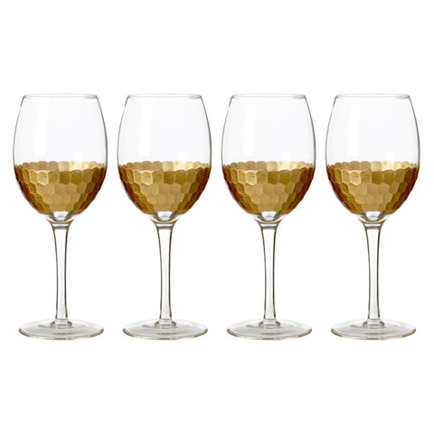 Set of four astrid small wine glasses with clear bowls and gold hammered hexagonal pattern on lower half