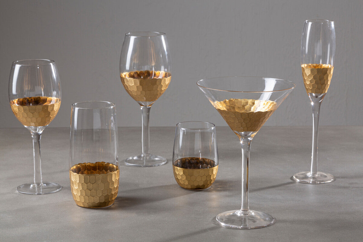 Set of four astrid small wine glasses clear glass with gold hexagonal mosaic detailing at the base