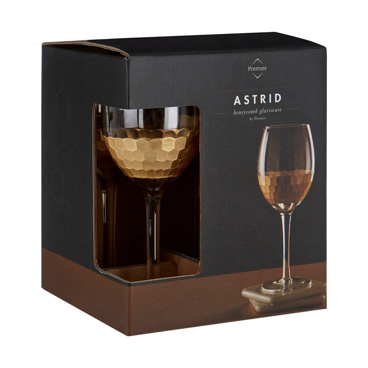 Set of four astrid small wine glasses with gold honeycomb pattern in black and brown box perfect for small wine use