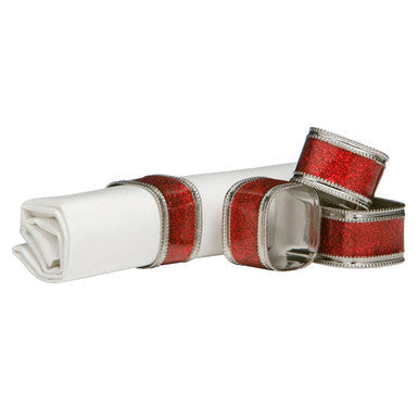 Set of four red glitter napkin rings with silver metallic edges perfect for festive table decor
