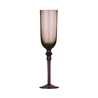 A set of four tessa purple champagne glasses with tall slender flutes fading from deep burgundy to amber hue
