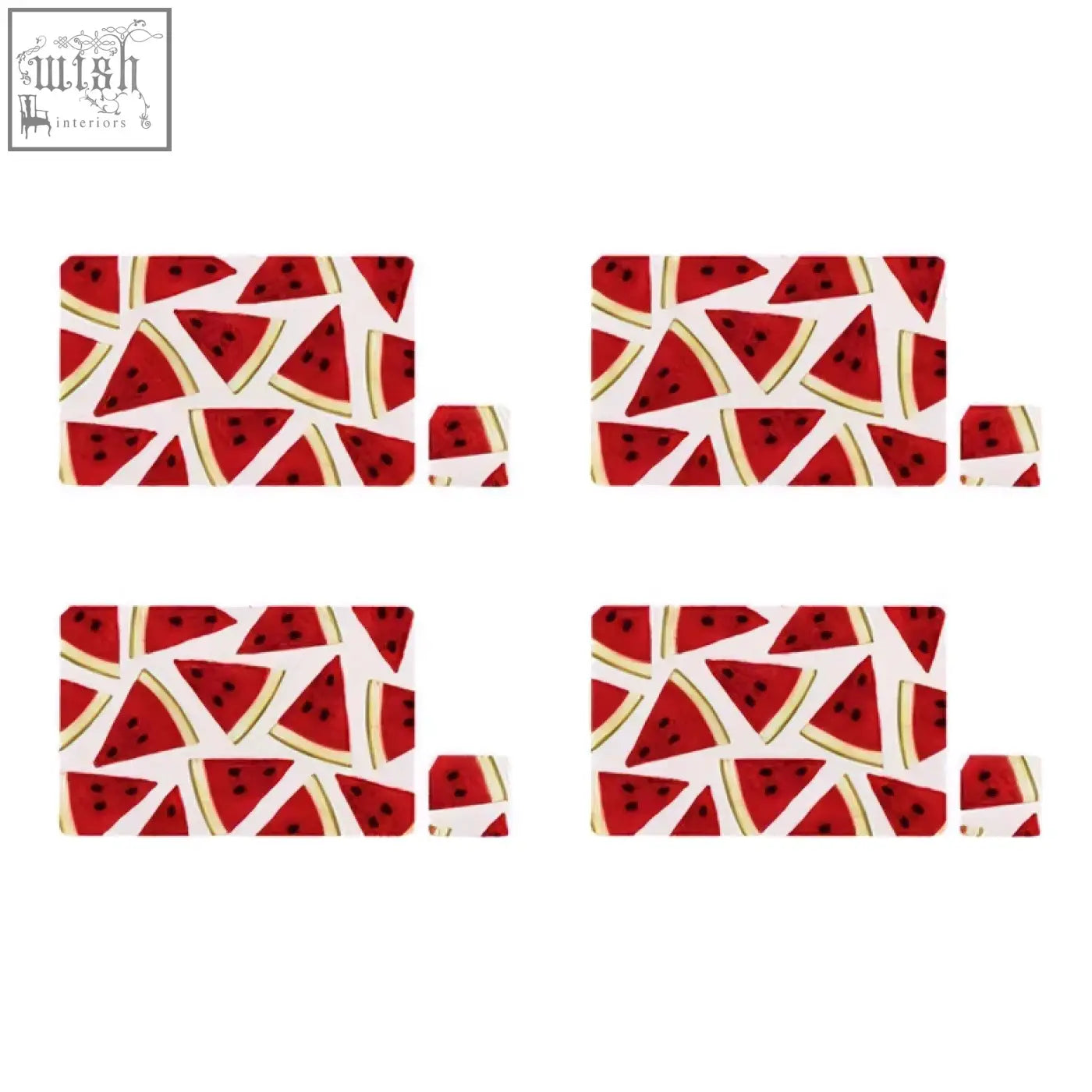 Set of four watermelon placemats with vibrant red watermelon slice pattern on white background for dining use