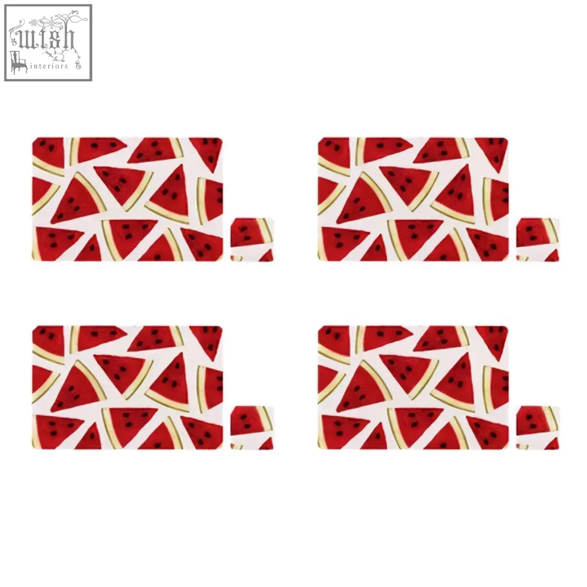 Set of four watermelon placemats with vibrant red watermelon slice pattern on white background for dining use
