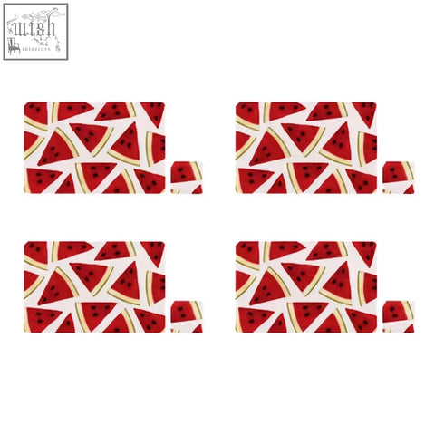 Set of four watermelon placemats with vibrant red watermelon slice pattern on white background for dining use