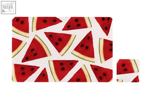 Watermelon placemat set featuring a slice patterned rectangular placemat with a small matching coaster in bright colors