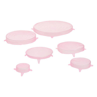 Set of six zing pink silicone lids in various sizes perfect for food storage and sealing containers airtight
