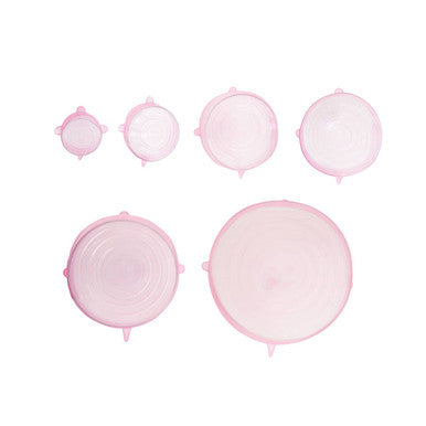 Set of six pink silicone lids made from flexible silicone for sealing round containers and keeping food fresh