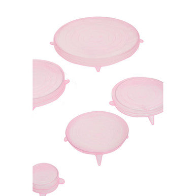 Set of six zing pink silicone lids shown as pink silicone lid covers for food containers to keep food fresh