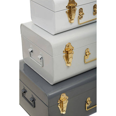 Stacked set of three assorted grey storage trunks in vintage style with gold-tone hardware by parley