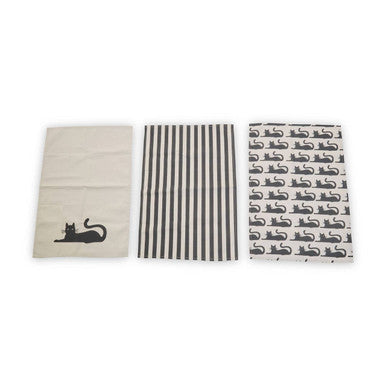 Set of three black cat tea towels with black cat designs and stripes on cream and white kitchen cotton fabric
