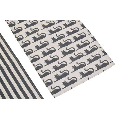 Set of three black cat tea towels with black cat silhouette pattern on light gray fabric for cat tea lovers