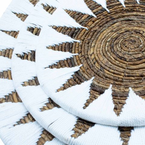 Handwoven seagrass bowl with natural brown base and white triangular patterns from set of three cream bowls wall art