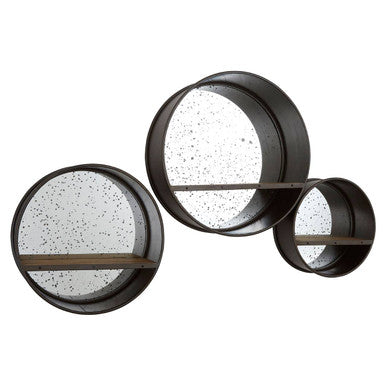 Set of three trinity wall mirrors with dark metal frames and speckled mirrored surfaces in circular shelves design