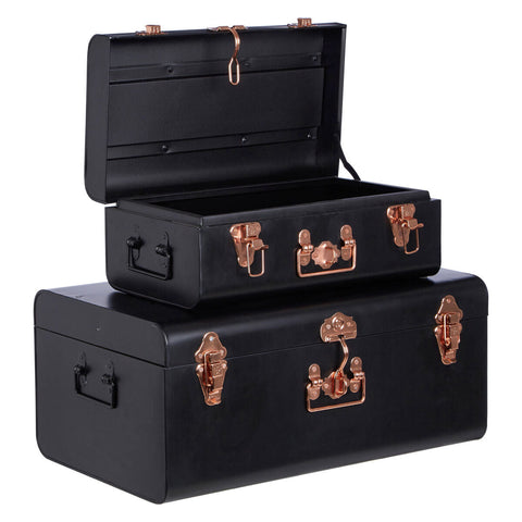 Set of two black metal storage trunks with rose gold latches and handles perfect for black storage needs