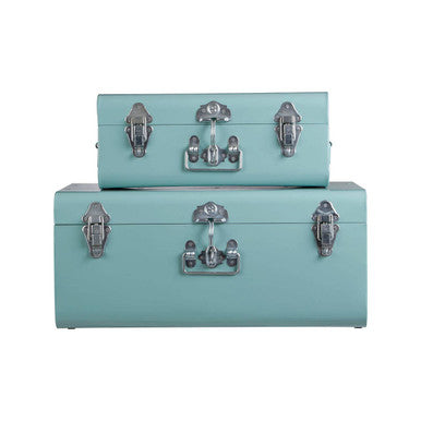 Set of two green storage trunks made of mint green metal with vintage silver latches for stylish storage solutions