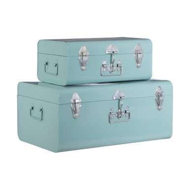 Set of two green storage trunks made of mint green metal with silver latches and handles perfect for storage use