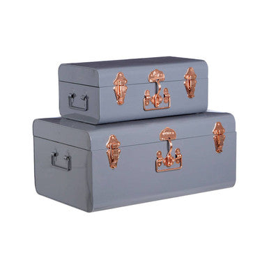 Set of two grey storage trunks with copper latches and handles perfect for stylish organization