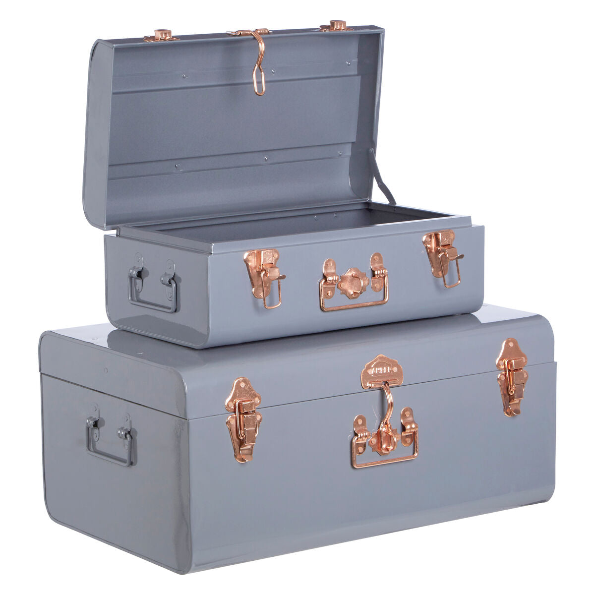 Set of two grey storage metal trunks with rose gold hardware and vintage-style latches for stylish organization