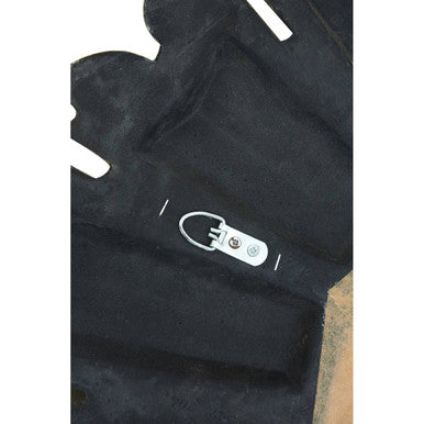 Black suede glove with silver metal clasp held near sevan wall mirror with mirrored glass for stylish decor setup