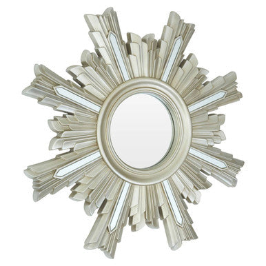 Silver sunburst sevan wall mirror with ornate metallic frame and mirrored glass rays for stylish wall decor