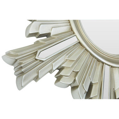 A silver sevan wall mirror with mirrored glass and intricate sunburst rays for stylish wall decor