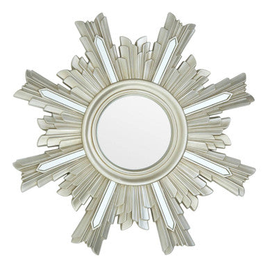Silver sunburst sevan wall mirror with circular frame and faceted mirrored glass rays for stylish wall decor