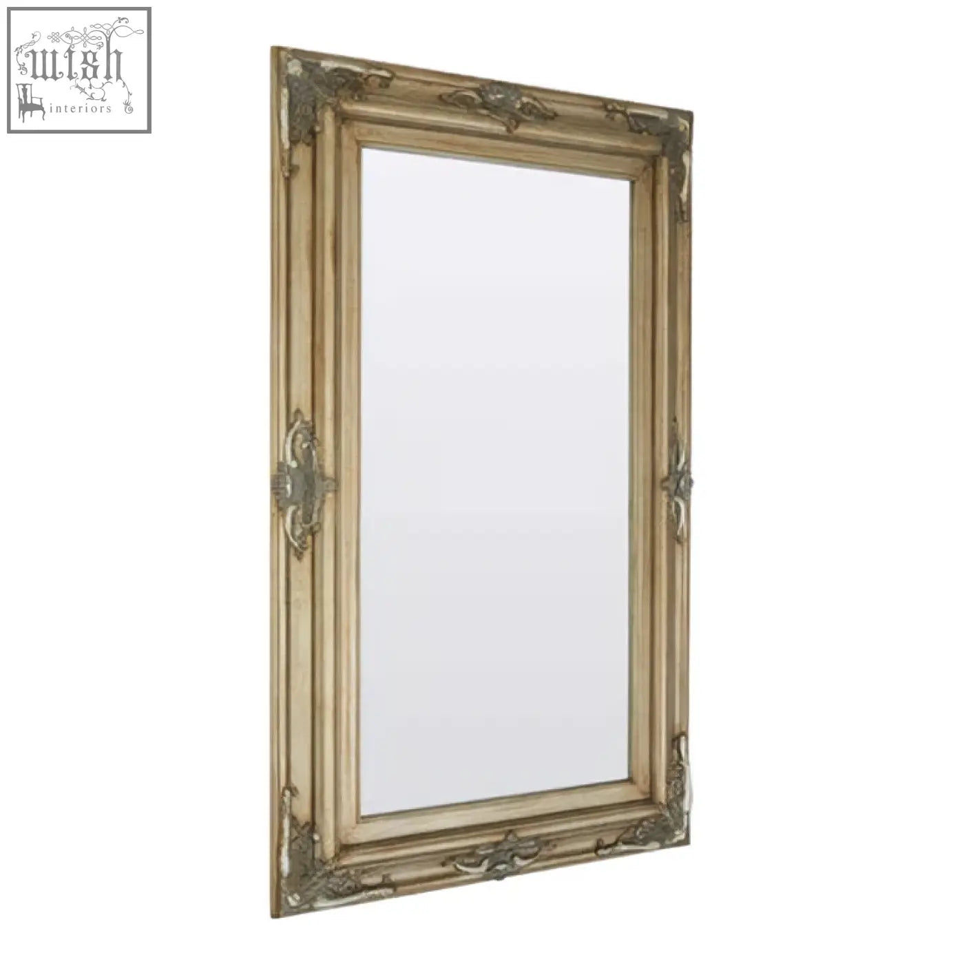 Antique gold sevan wood frame wall mirror with ornate carved detailing and rectangular shape