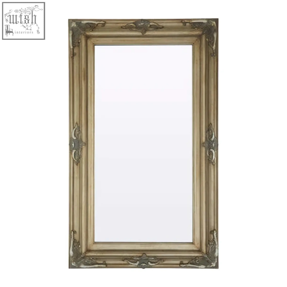 Antique gold sevan wood frame wall mirror with ornate carved detailing on rectangular wood frame edges