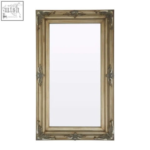 Antique gold sevan wood frame wall mirror with ornate carved detailing on rectangular wood frame edges