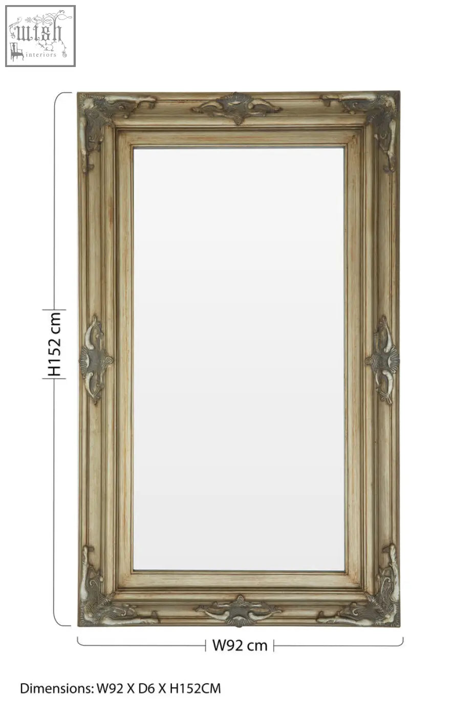 Antique-style sevan wood frame wall mirror with ornate distressed gold and silver-toned wood frame and intricate carvings