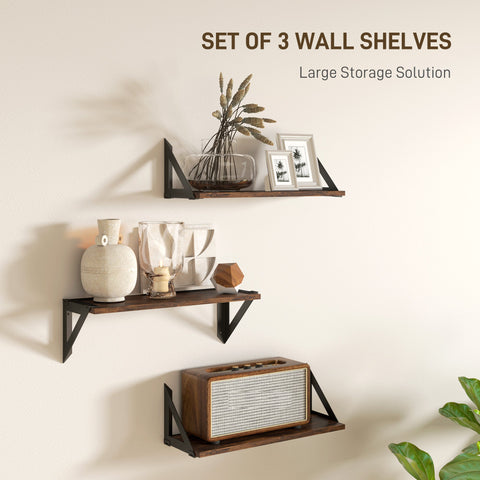 HOMCOM Set of 3 Wall Shelves, Vintage Wall Mounted Floating Shelves for Living Room, Entryway, Bedroom, Rustic Brown