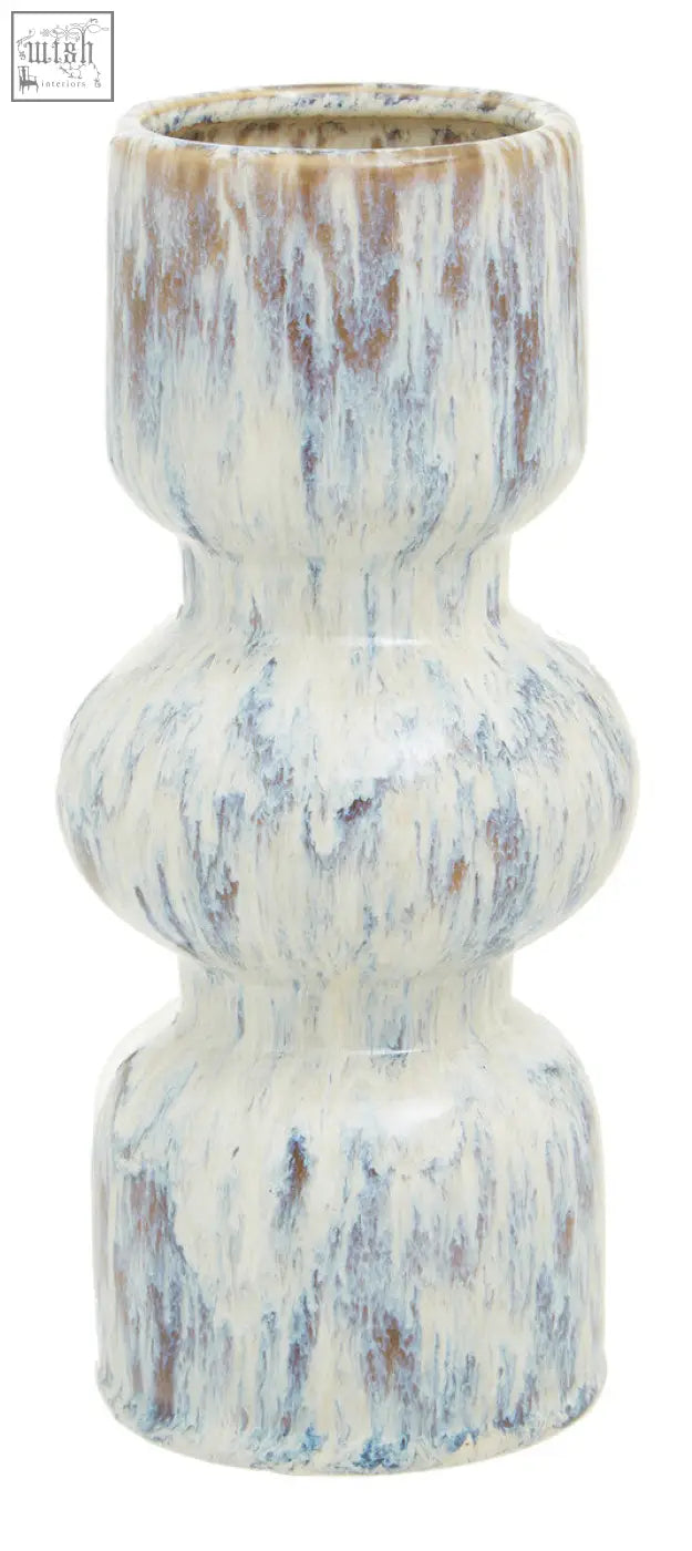A ceramic medium speckled vase with stacked bulbous design and mottled cream blue and brown glaze called shai medium speckled vase