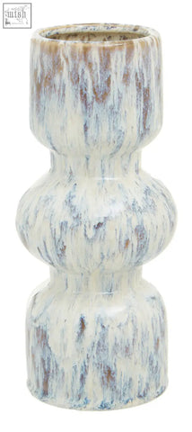 A ceramic medium speckled vase with stacked bulbous design and mottled cream blue and brown glaze called shai medium speckled vase