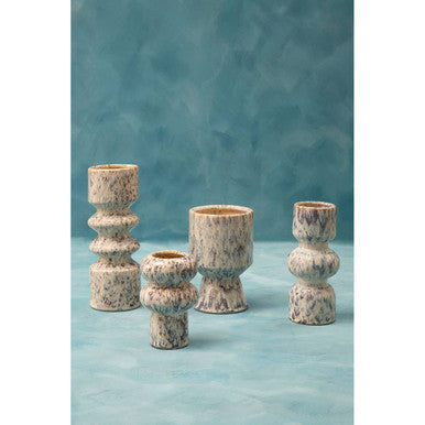 Set of five ceramic shai small planter candle holders with speckled beige and gray finish and stacked shapes