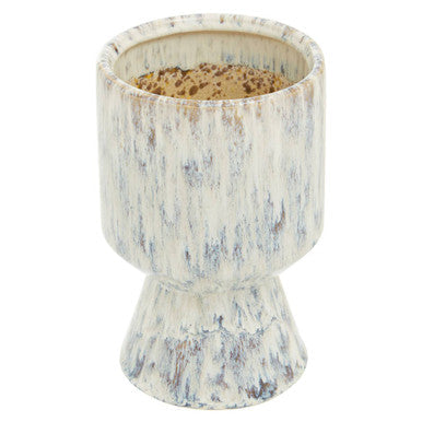 White and gray speckled ceramic shai small planter with flared rim and tapered base perfect for indoor plants