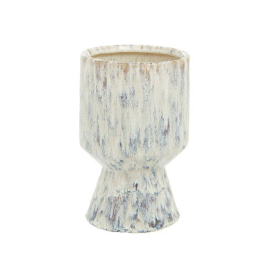 A white and gray speckled ceramic shai small planter with a flared top and pedestal base perfect for small plants