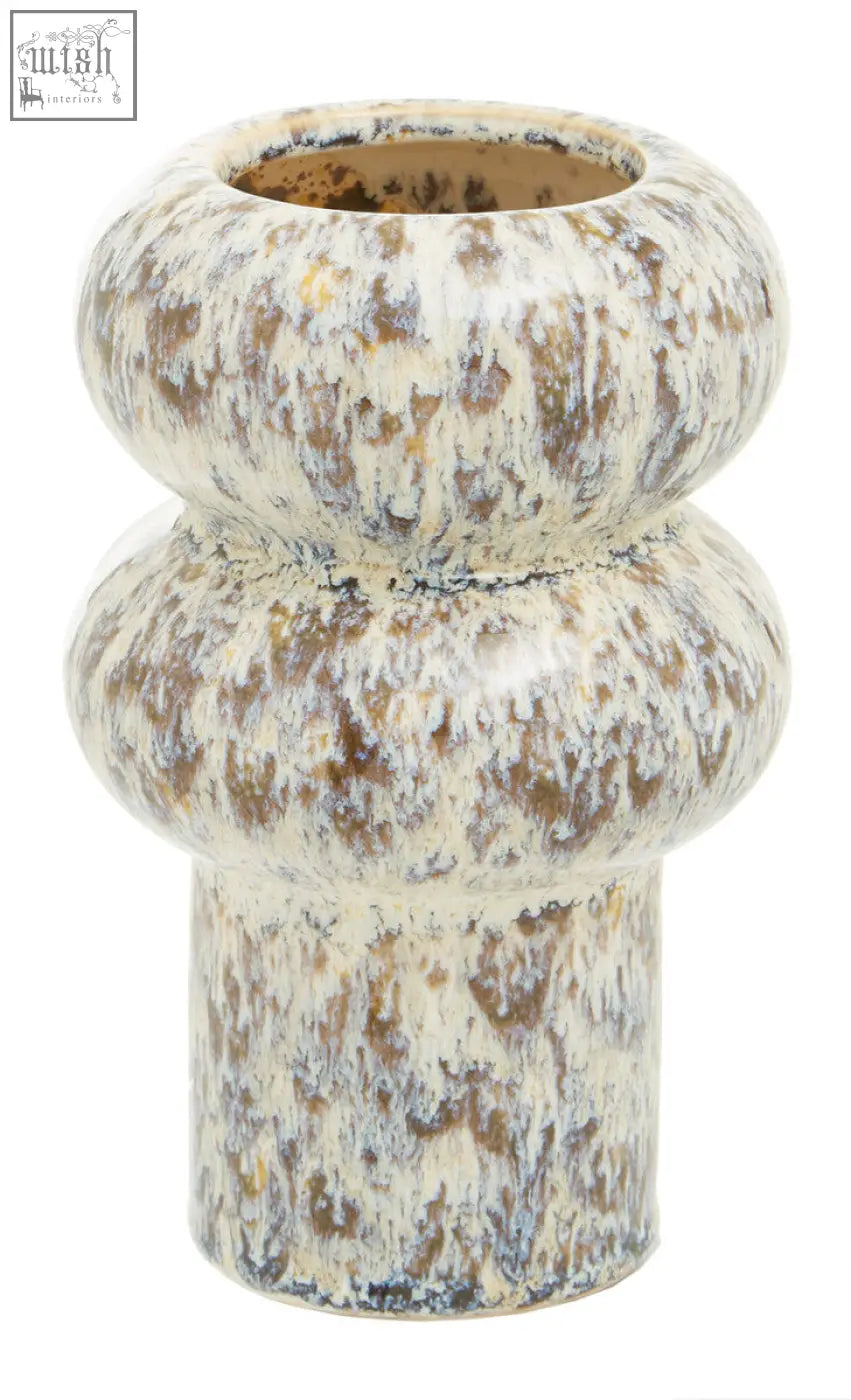 Creamy off-white ceramic small speckled vase with mottled earth tones and rounded stacked tiers perfect for decor