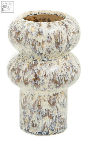Creamy off-white ceramic small speckled vase with mottled earth tones and rounded stacked tiers perfect for decor