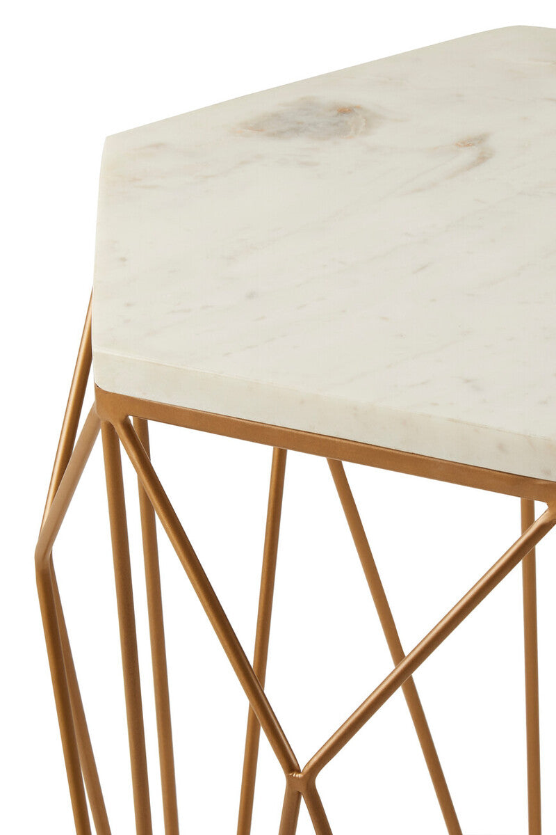 Shalimar marble top side table with hexagonal gold-toned geometric base and white marble surface