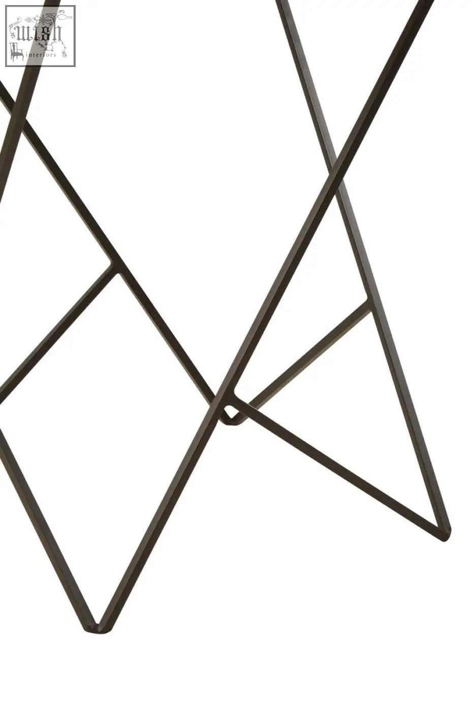 Black iron base with geometric intersecting bars forming diamond shapes on shalimar marble top square side table leg