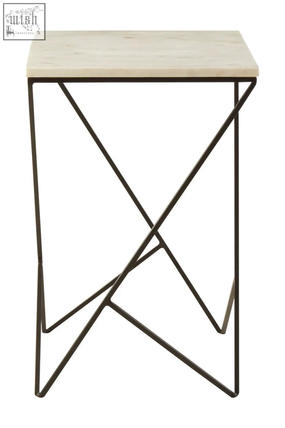 Shalimar marble top square side table with light marble top and intricate black iron base minimalist design