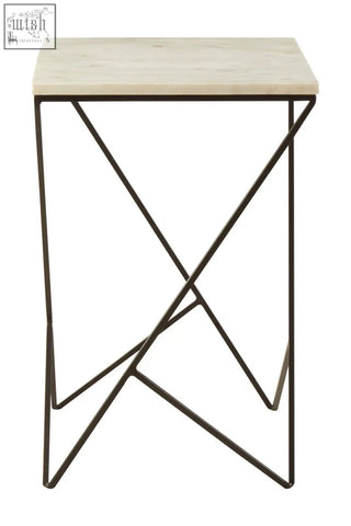 Shalimar marble top square side table with light marble top and intricate black iron base minimalist design