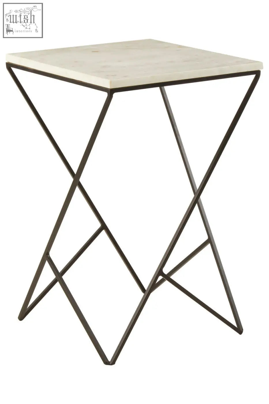 Shalimar marble top square side table with white marble top and black iron base geometric design