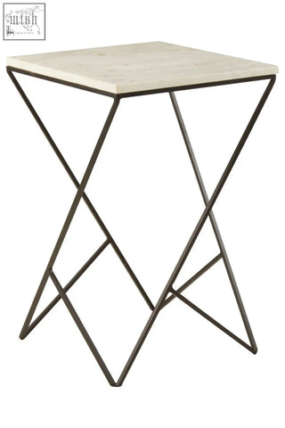 Shalimar marble top square side table with white marble top and black iron base geometric design
