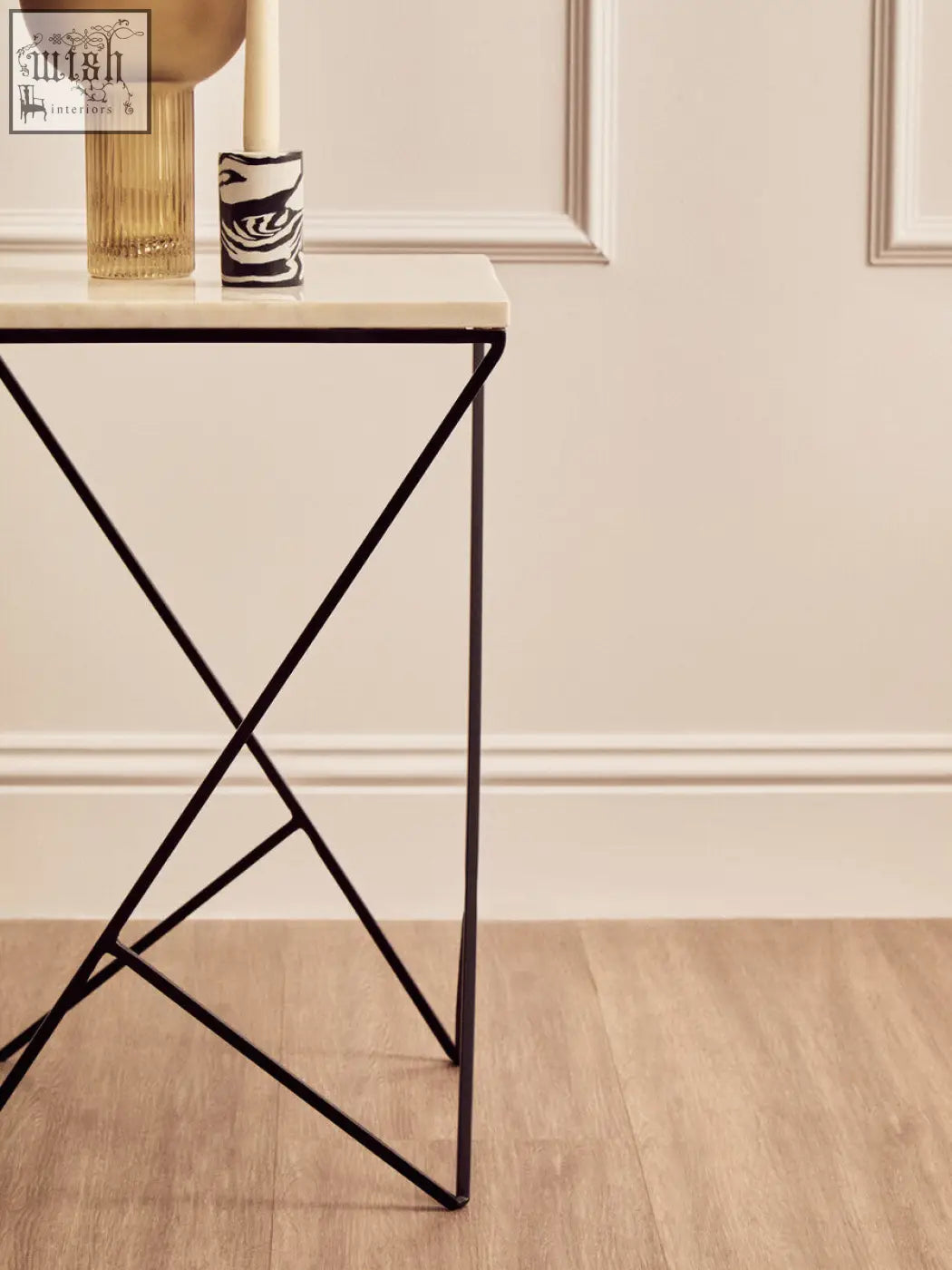 Shalimar marble top square side table with sleek white marble top and black iron base x-shaped frame design