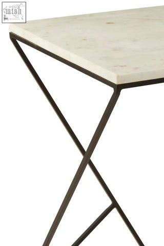 Shalimar marble top square side table with sleek white marble and black iron base for modern living spaces