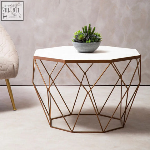 Geometric gold metal coffee table with octagon white marble top perfect as a white marble coffee centerpiece