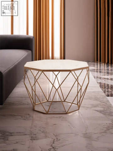 Geometric gold metal coffee table with octagon white marble coffee top for stylish living spaces